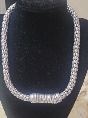 Braided Silver-Tone Double Strand Necklace with Ribbed Center